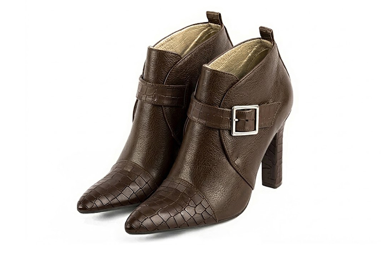 Women's dark brown front-buckle ankle boots with almond toe and kitten heel - Front view